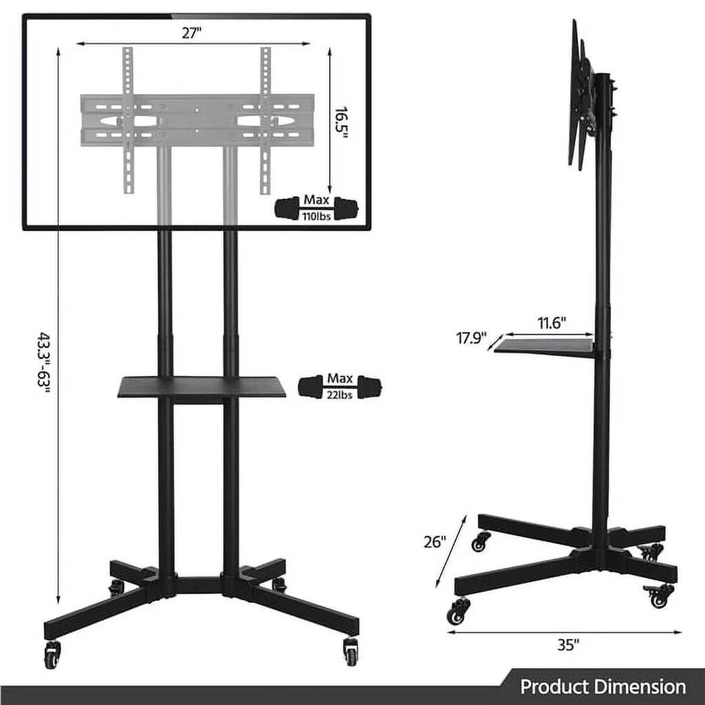 Modern Mobile TV Stand Rolling TV Cart up to 75'' Black I8637