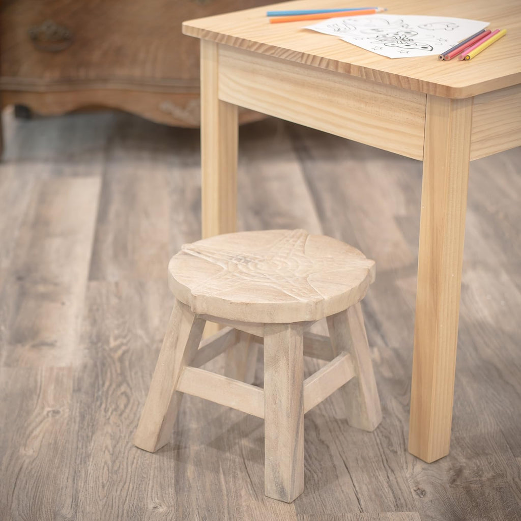 Whitewash Hand Carved Acacia Wood Decorative Stool T59982