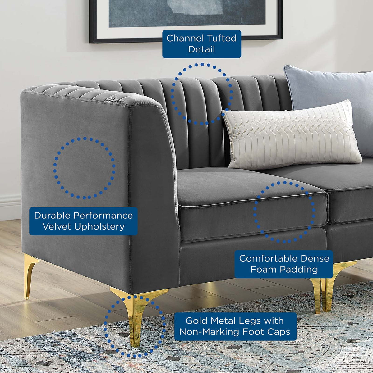 Gray Channel Tufted Performance Velvet 4-Seater Sofa O36474