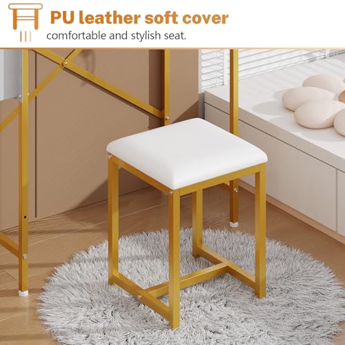 Gold and White Makeup Vanity Set with Rotating Mirror and PU Leather Chair R45418