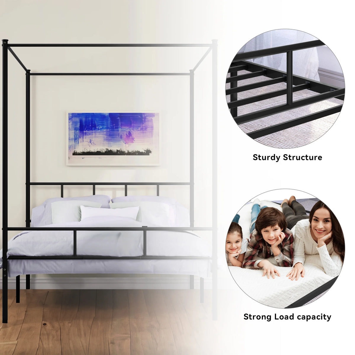 Queen Size Black Metal Canopy Bed Frame with Headboard I3053