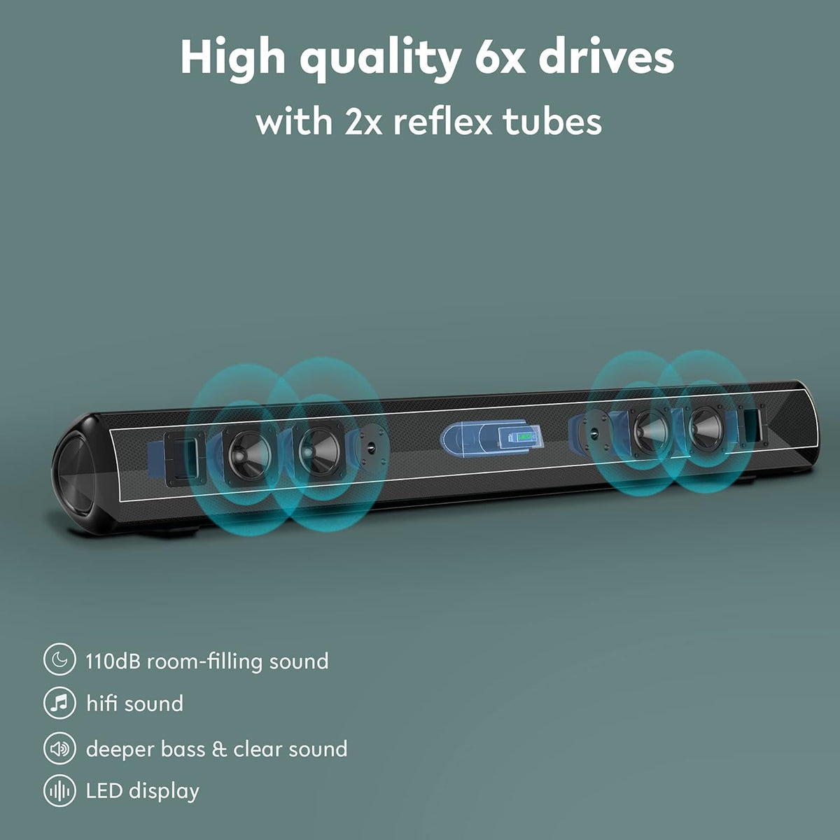 38 Inch 100W Soundbar with 6 Speakers, LED Display, Bluetooth 5.0, Optical, AUX, USB Input, 110 dB 3D Surround Sound L380039