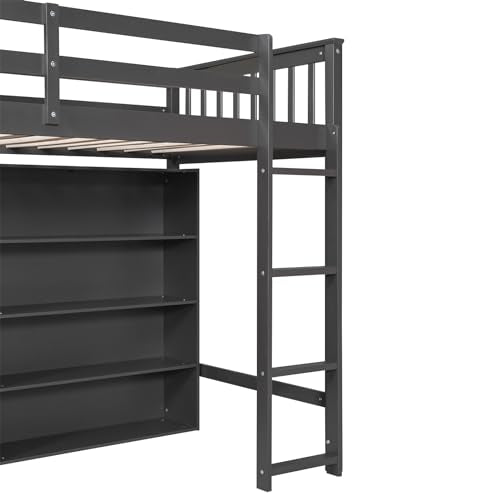 White Full Size Wood Loft Bed with Cabinet and Bookshelf P1028