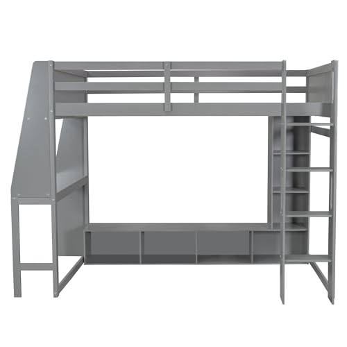 Full Size Solid Wood Loft Bed with Desk and Storage, Grey K3841