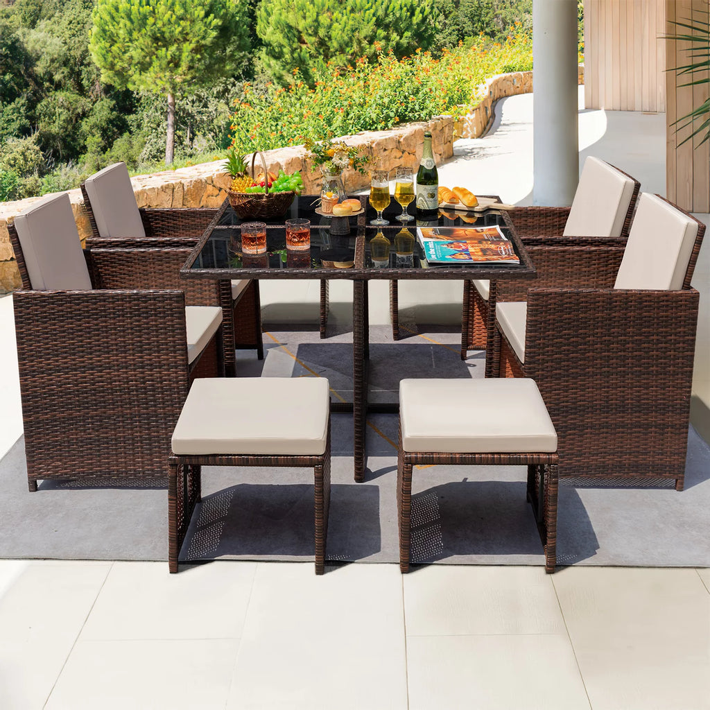 9 Pieces Outdoor Dining Set Wicker Chairs with Glass Table N44830