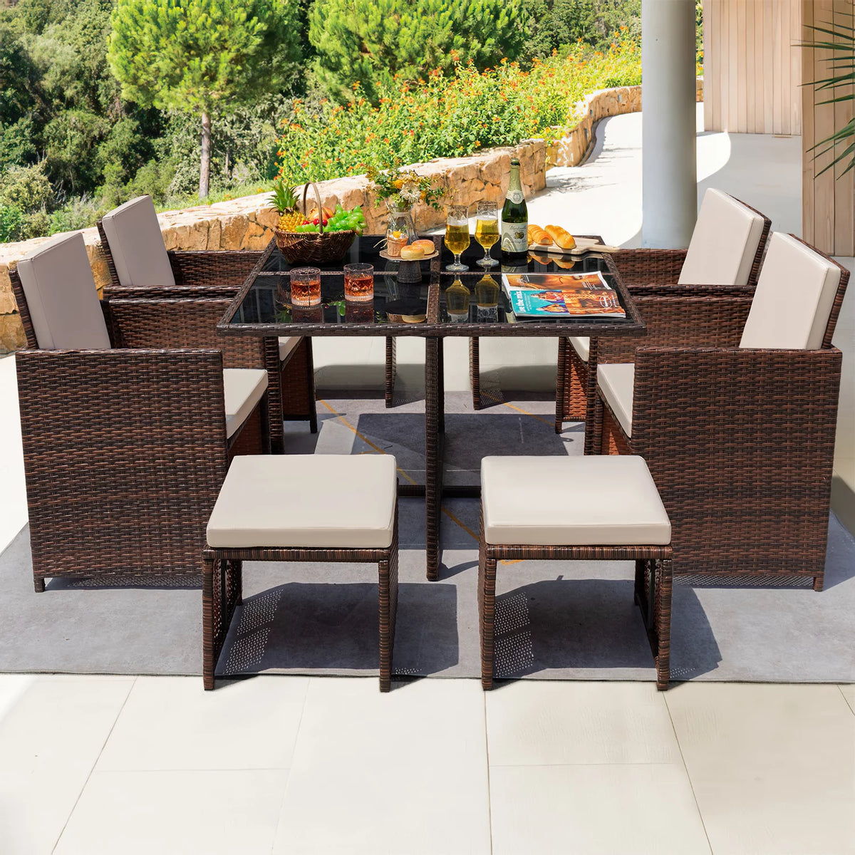 9 Pieces Outdoor Dining Set Wicker Chairs with Glass Table N44830