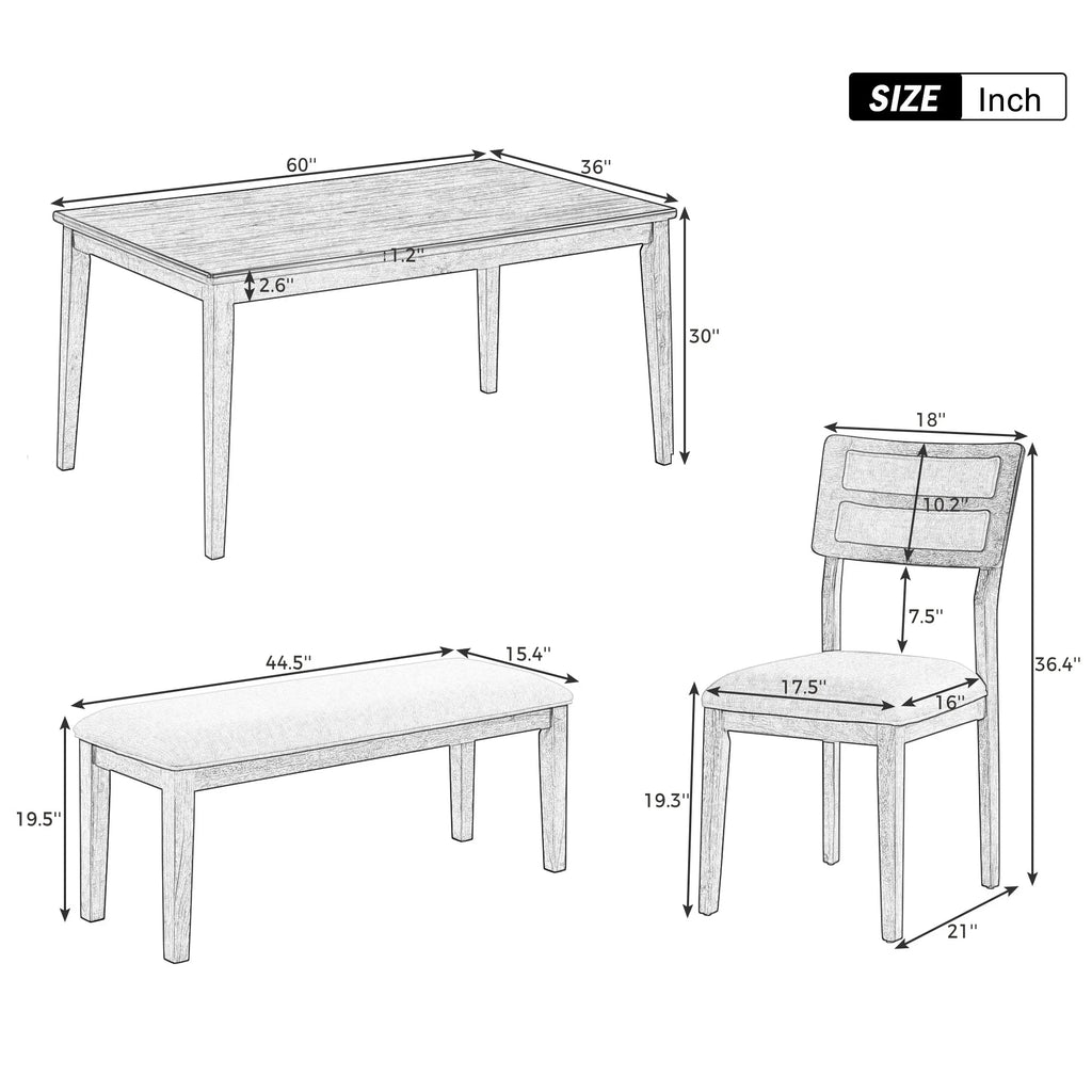 6 Piece Dining Table and Chair Set with 4 Upholstered Chairs and Bench L542