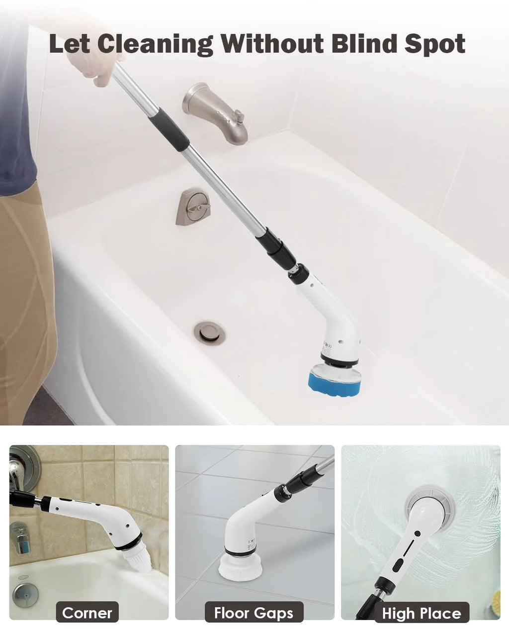 Cordless Electric Spin Scrubber with Long Handle 8 Replaceable Heads U434567