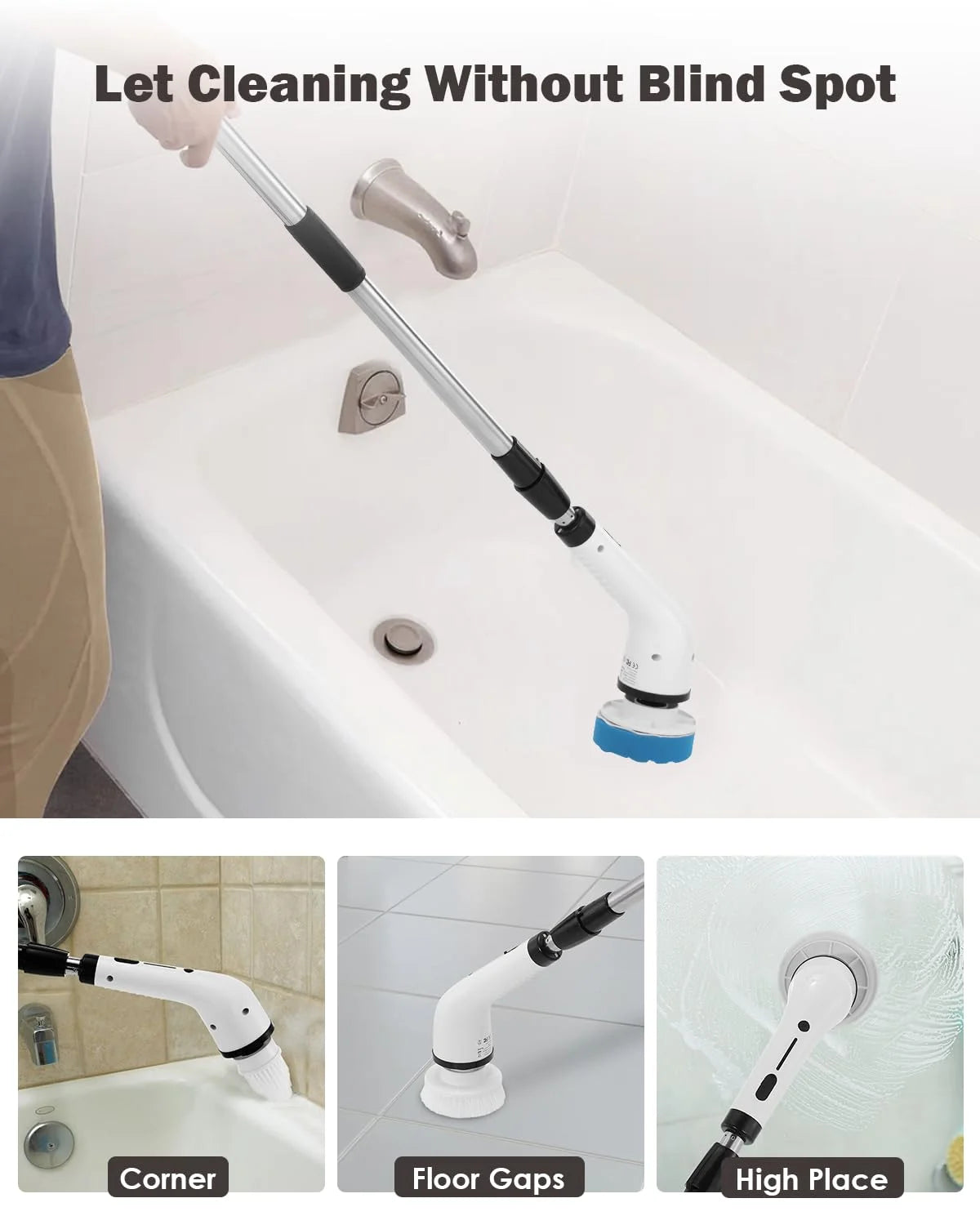 Cordless Electric Spin Scrubber with Long Handle 8 Replaceable Heads U434567