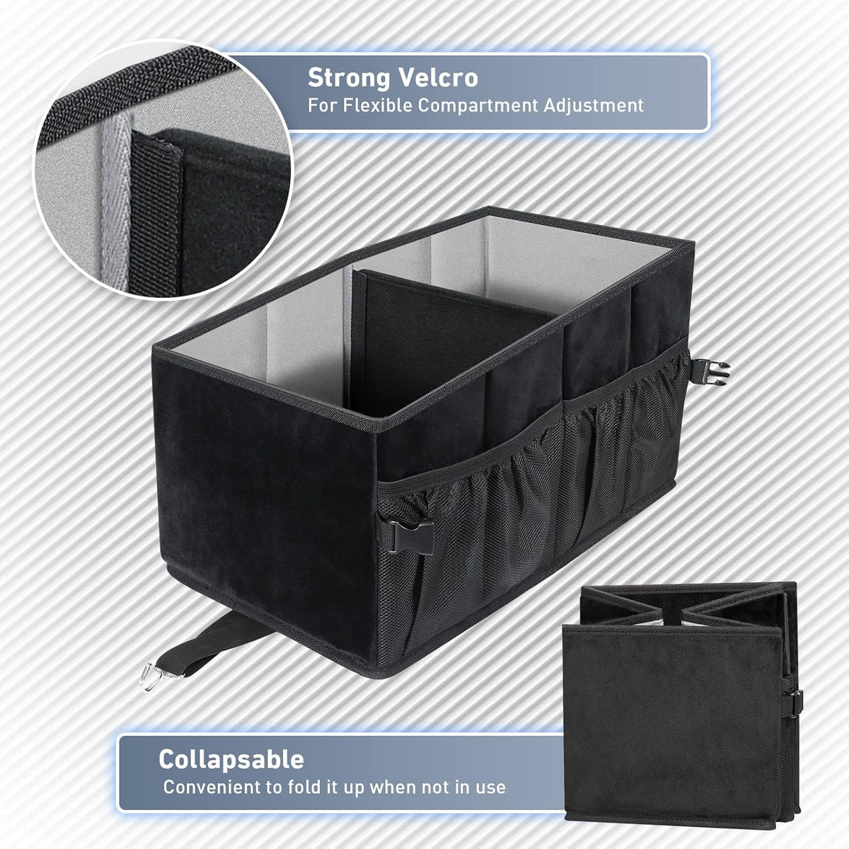 Car Seat Organizer with Side Mesh Pockets, Collapsible Trunk Cargo Storage Container (Black) C84551