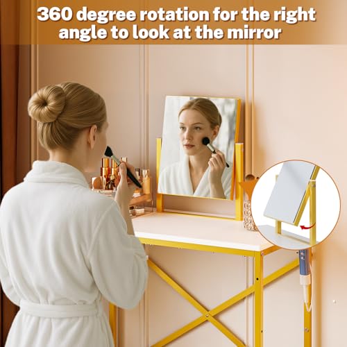Gold and White Makeup Vanity Set with Rotating Mirror and PU Leather Chair R45418