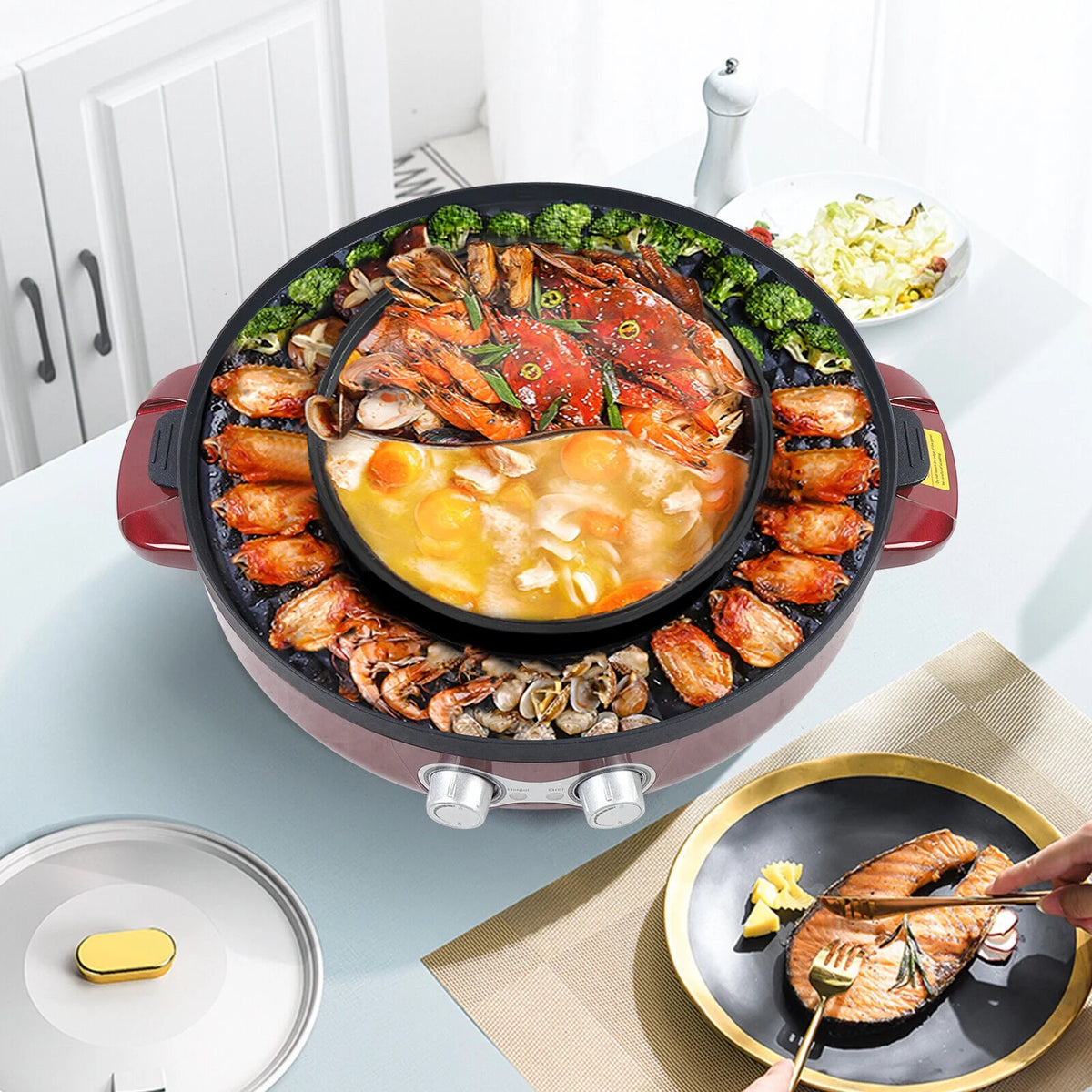 2 in 1 Electric Soup Shabu Pot Smokeless Grill Hot Pot 2200W Red L944