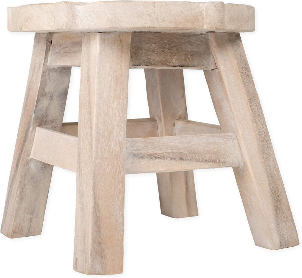 Whitewash Hand Carved Acacia Wood Decorative Stool T59982