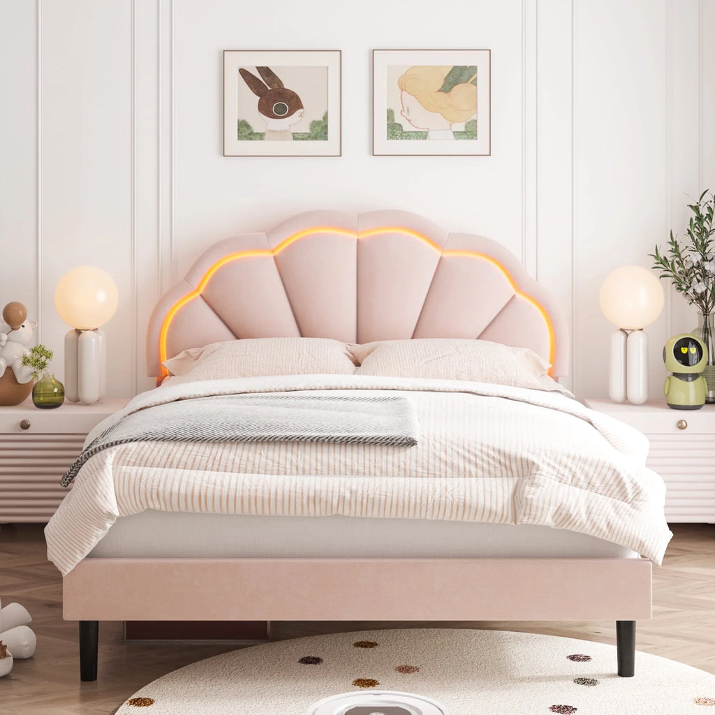 Twin Size Off-White Velvet Upholstered Platform Bed with Adjustable Headboard G75927