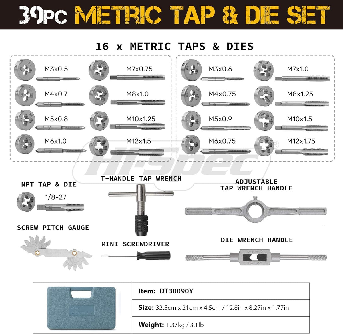 39 Piece Metric Tap & Die Set with Screw Pitch Gauge in Tray Case W352