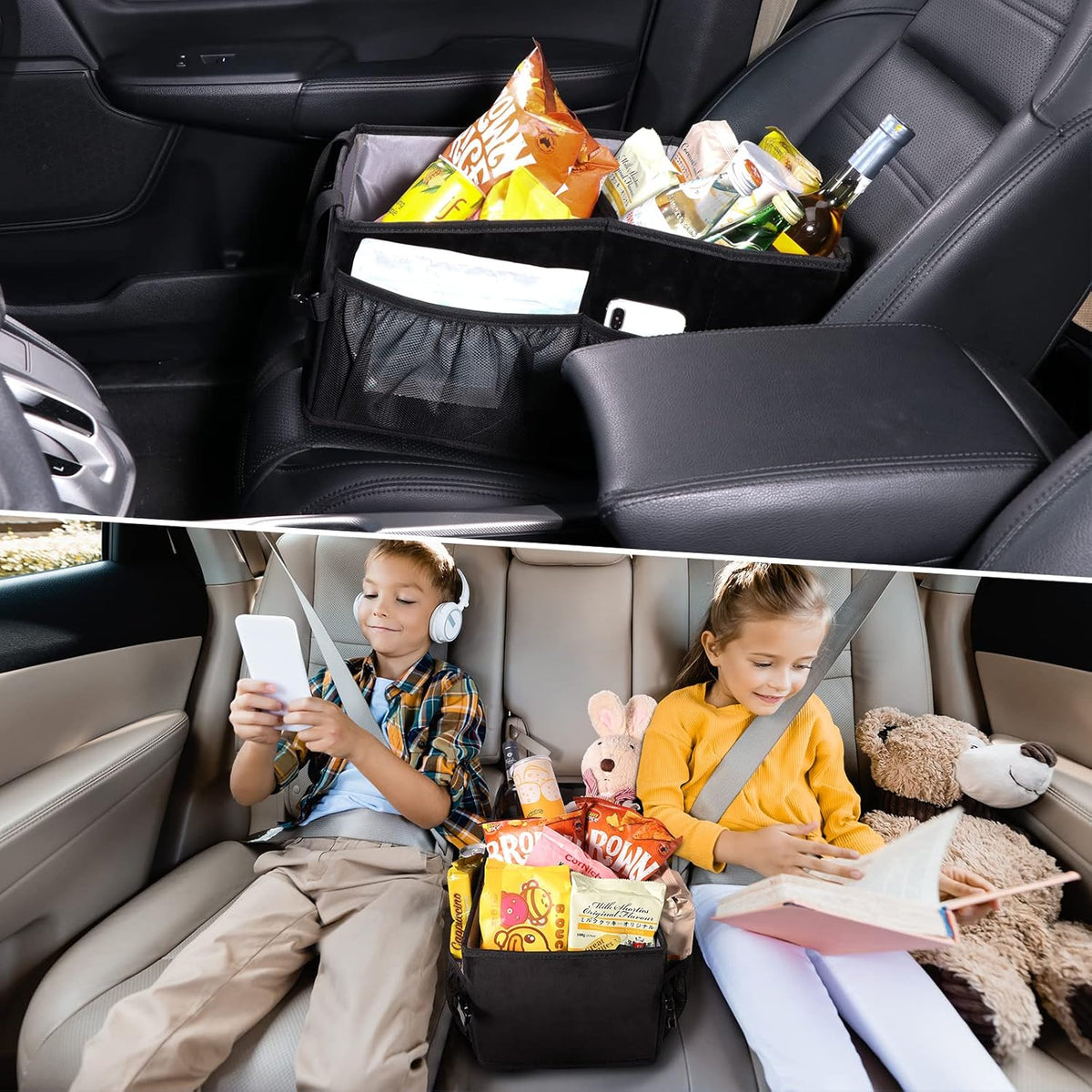 Car Seat Organizer with Side Mesh Pockets, Collapsible Trunk Cargo Storage Container (Black) C84551