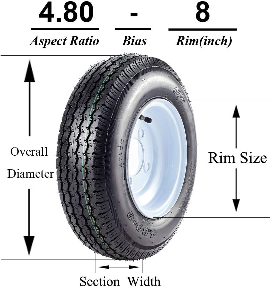 2PCS Trailer Tires & Rims 4.80-8 6PR 4 Lug on 4" Wheel White Spoke A820