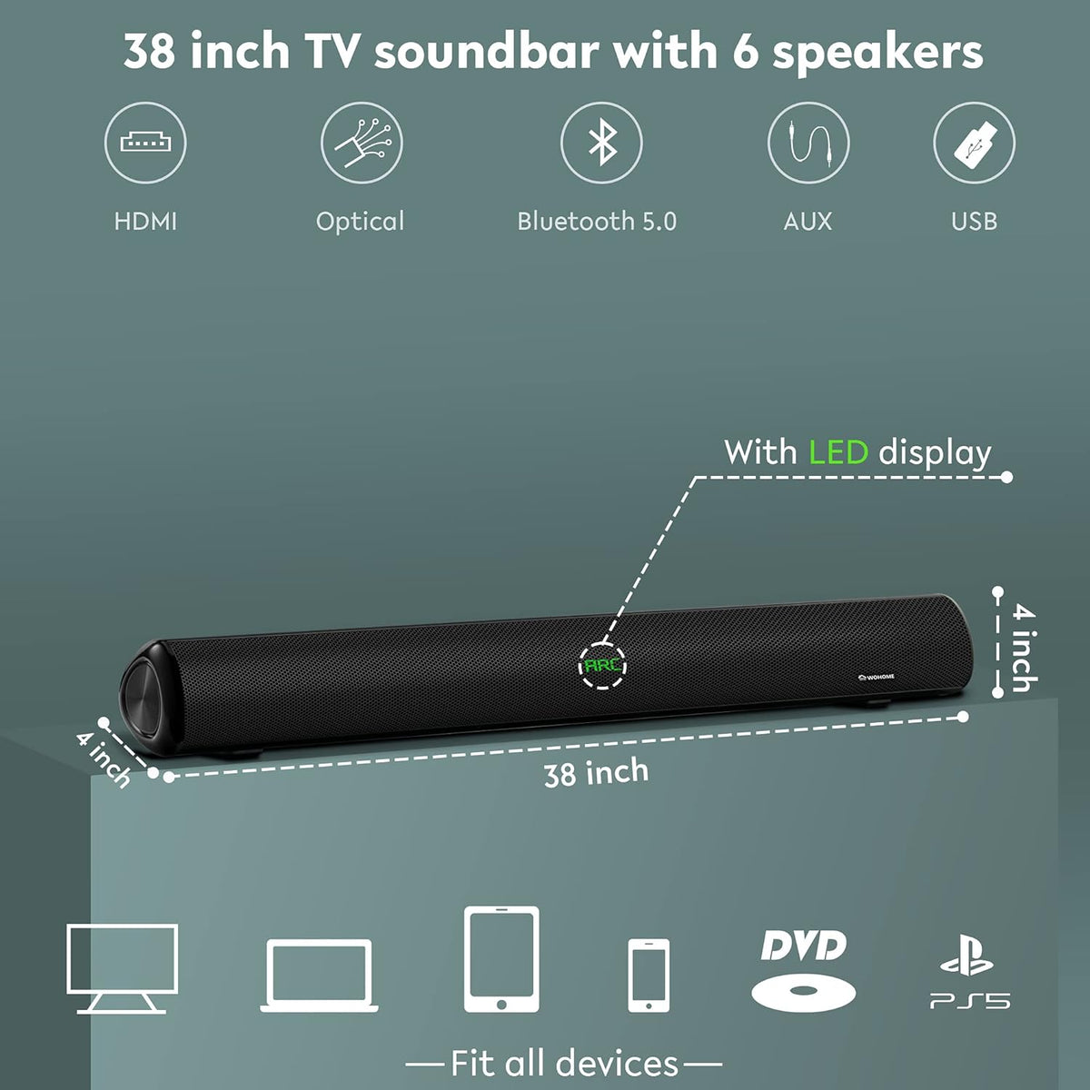 38 Inch 100W Soundbar with 6 Speakers, LED Display, Bluetooth 5.0, Optical, AUX, USB Input, 110 dB 3D Surround Sound L380039