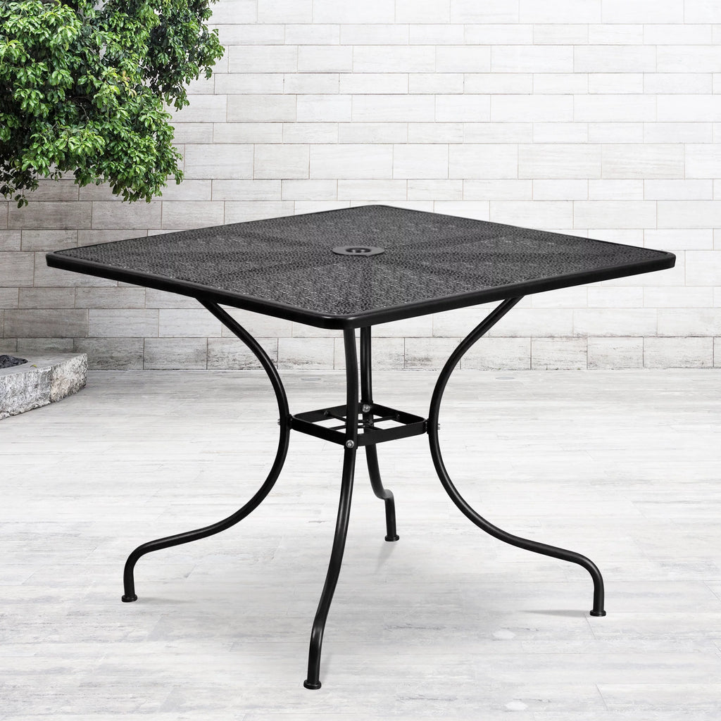 Square Black Steel Patio Table with Umbrella Hole L333493