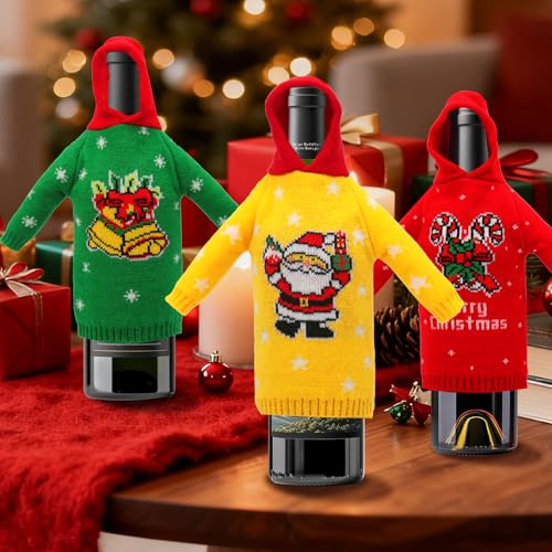 3Pcs Christmas Wine Bottle Covers Knitted Hoodie H299