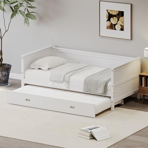 White Solid Wood Twin Size Daybed with Trundle J356