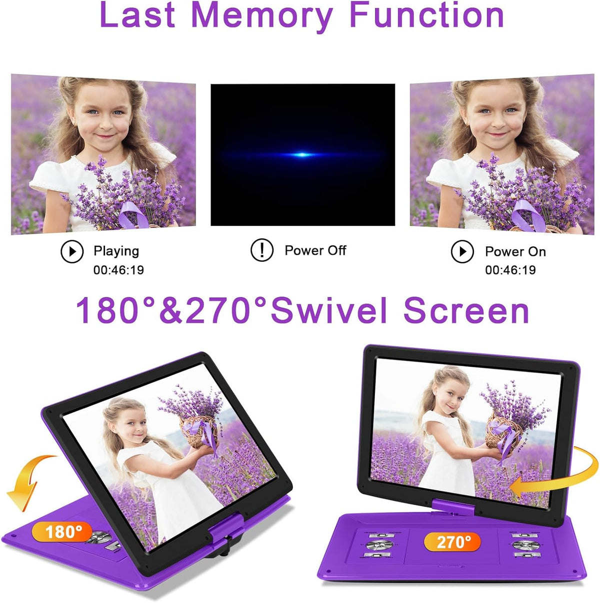 17.5" Portable DVD Player with 15.6" HD Screen, 6 Hours Rechargeable Battery, Purple U271067