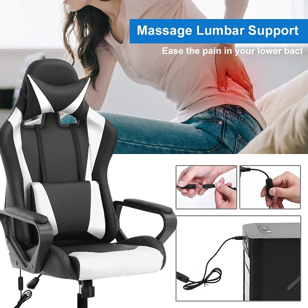 White Massage Gaming Chair with Headrest and Lumbar Support A479