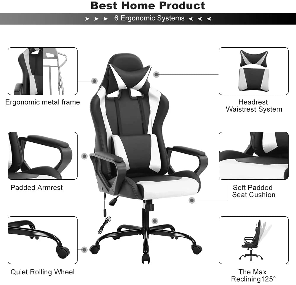 White Massage Gaming Chair with Headrest and Lumbar Support A479