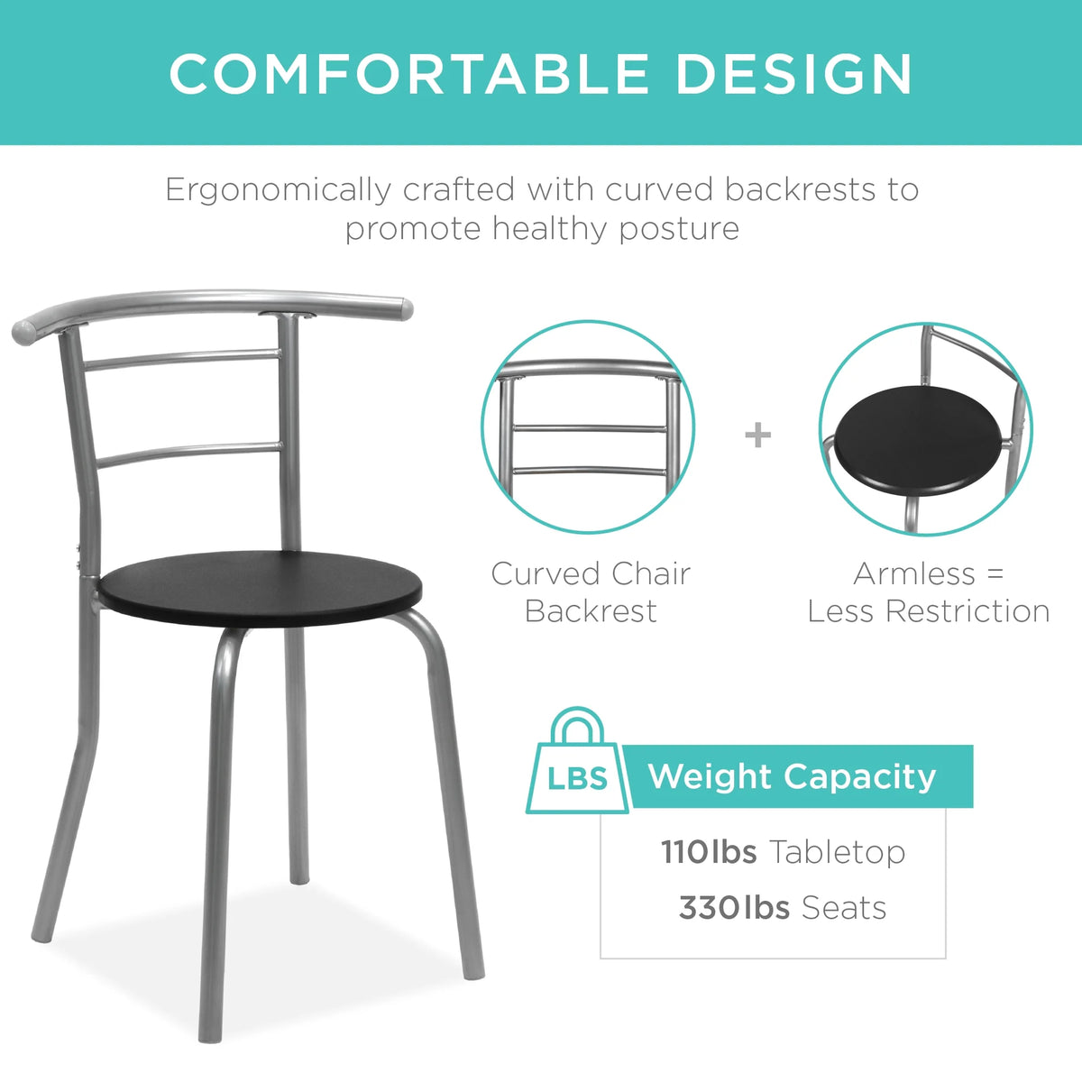 3-Piece Wood Dining Table & Chairs Set with Steel Frame, Built-In Wine Rack A216964