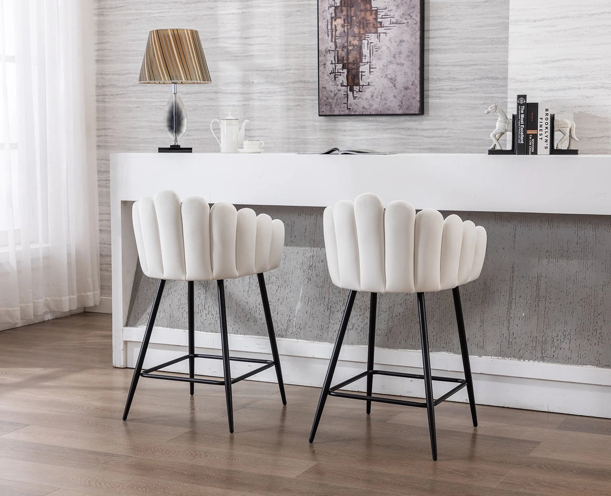 White Velvet Bar Stools Set of 2 with Metal Legs M502