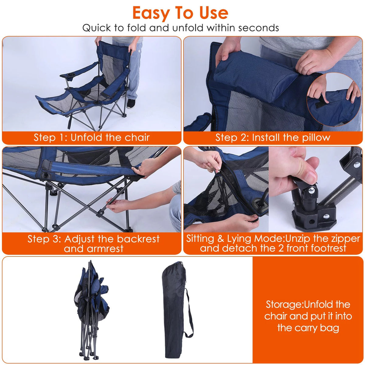 Heavy Duty Steel Reclining Camping Chair with Cup Holder X2846