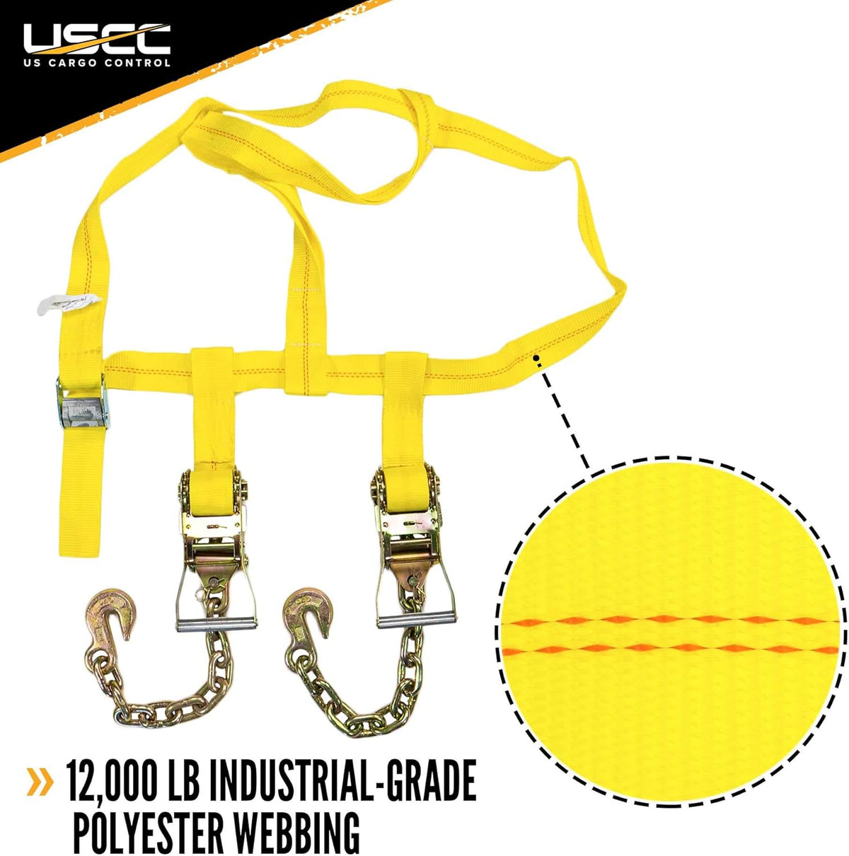 Side Mount Wheel Net with Cam Buckle, Two Ratchets and Chain Extensions, Polyester Webbing P998