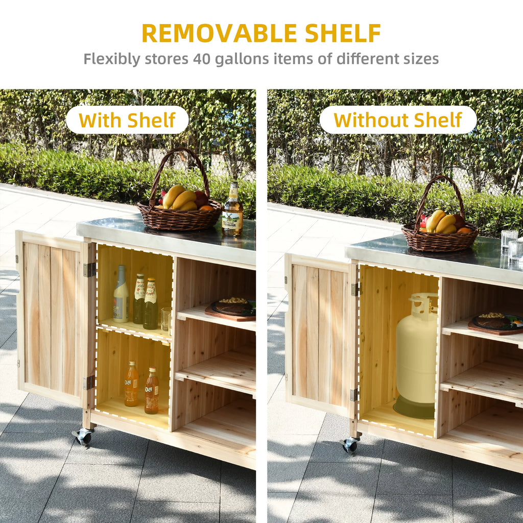 Solid Wood Outdoor Table and Storage Cabinet with Stainless Steel Top Y476237