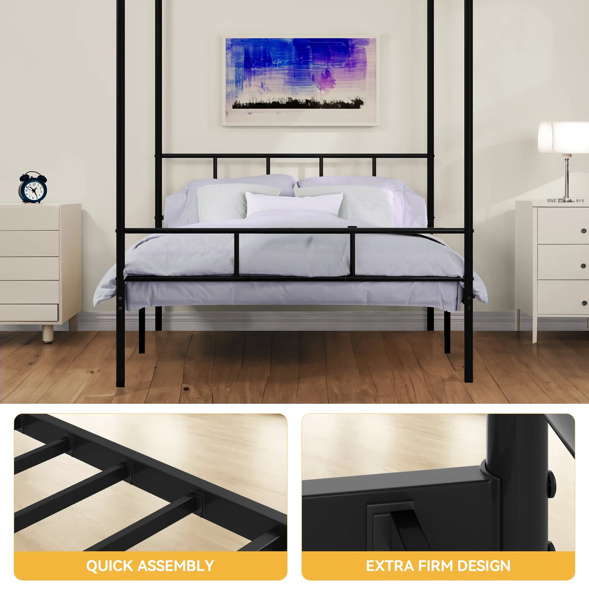 Queen Size Black Metal Canopy Bed Frame with Headboard I3053