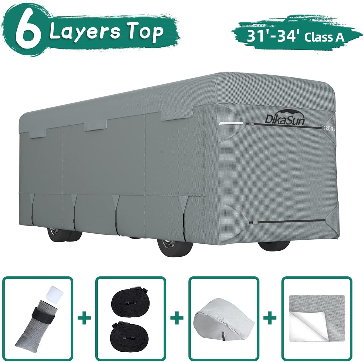 RV Cover for 31'-34' with 2Pcs Extra Straps & 6 Gutter Covers Grey G2714