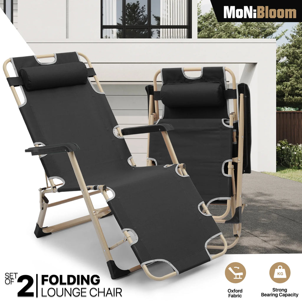 Set of 2 Black Folding Lounge Chair with Adjustable Headrest D3455