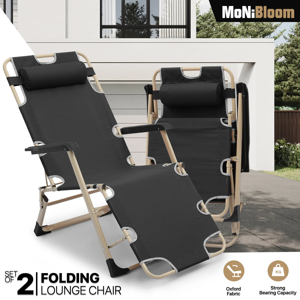 Set of 2 Black Folding Lounge Chair with Adjustable Headrest D3455