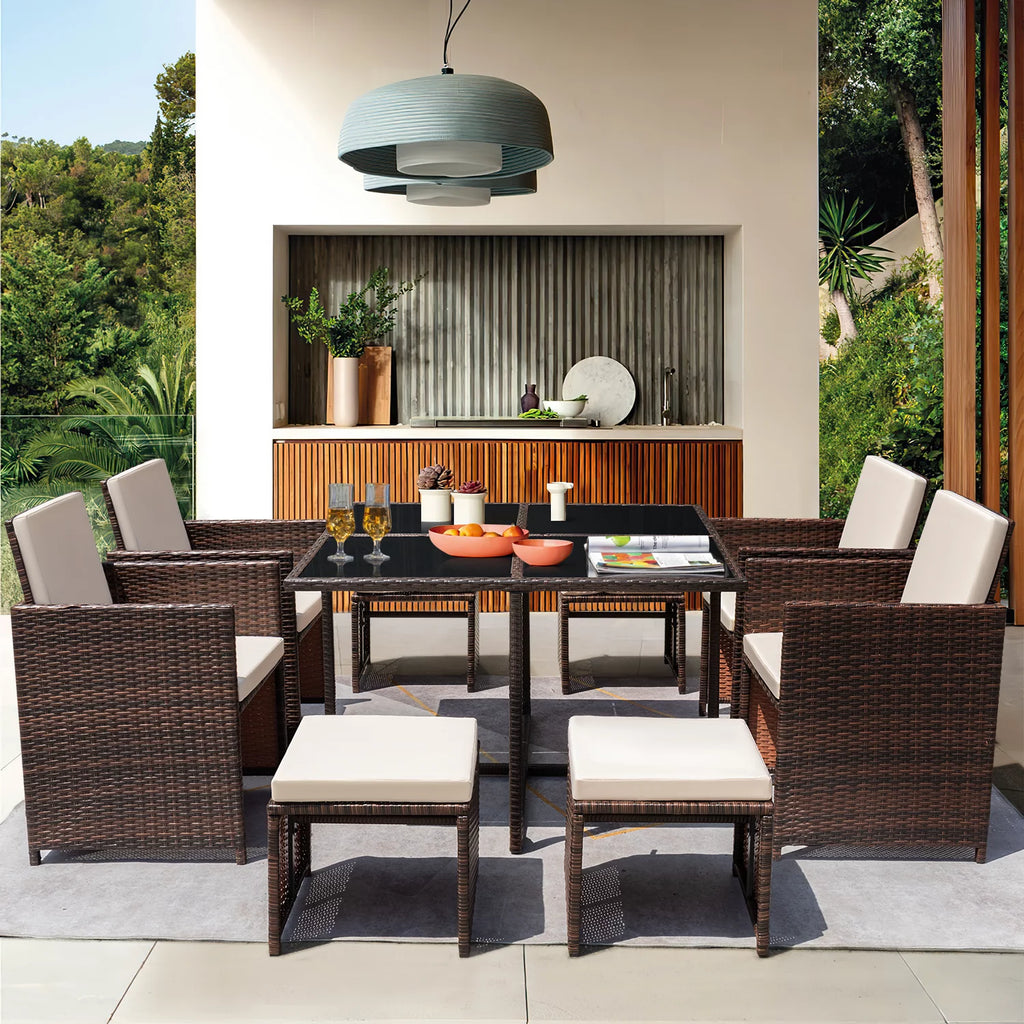 9 Pieces Outdoor Dining Set Wicker Chairs with Glass Table N44830