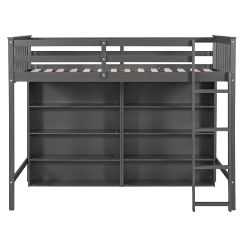 White Full Size Wood Loft Bed with Cabinet and Bookshelf P1028
