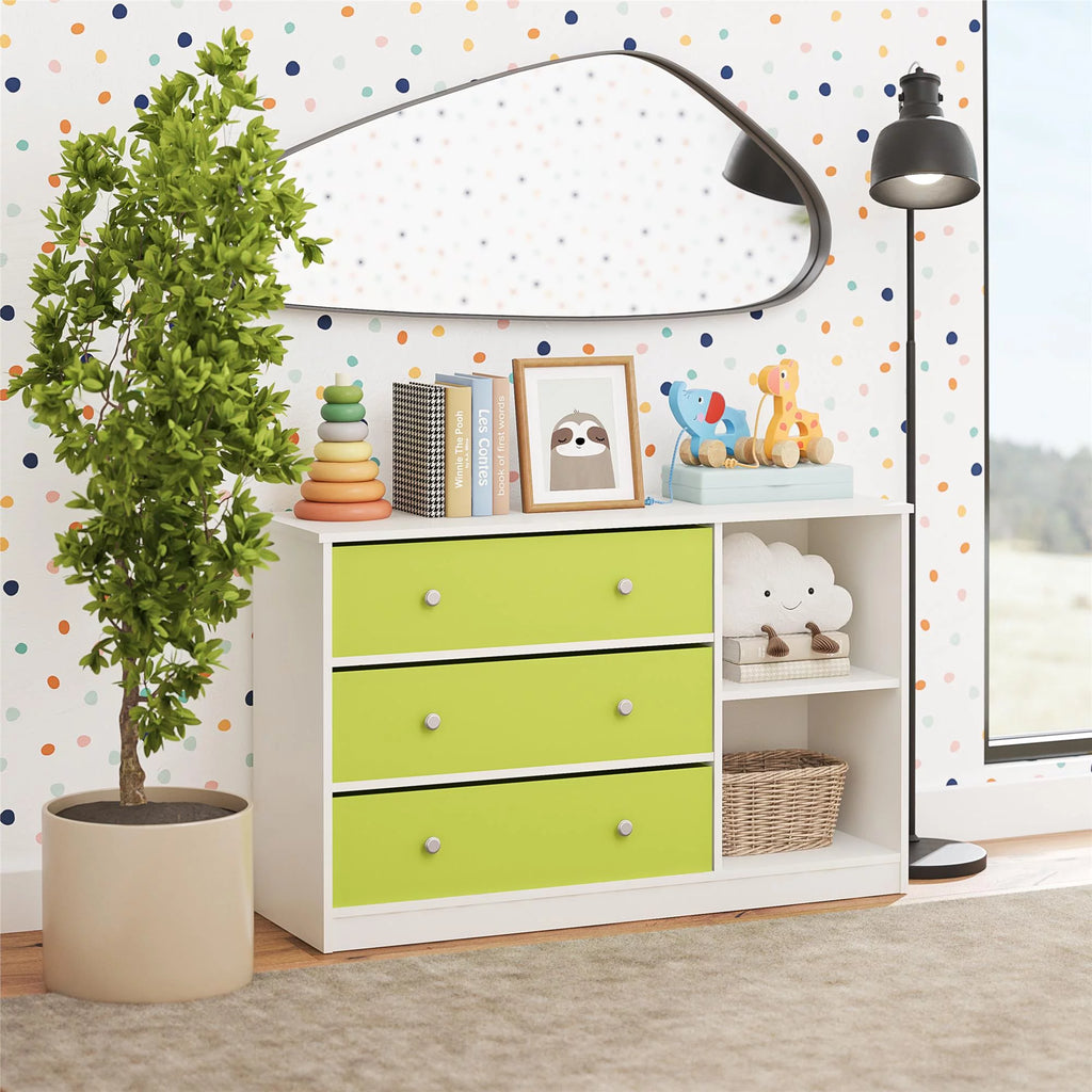 White Wide Dresser with 3 Fabric Bins B92625