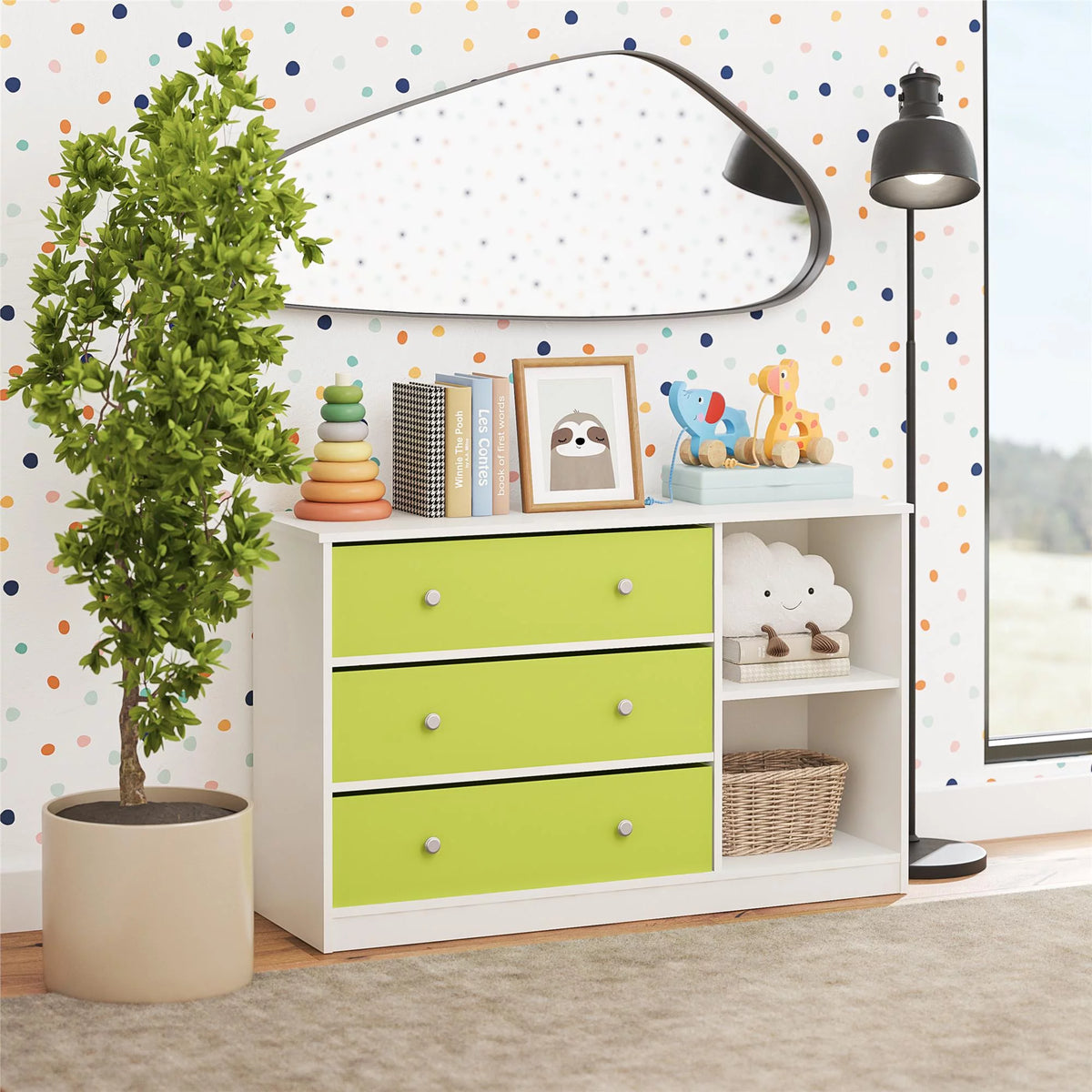 White Wide Dresser with 3 Fabric Bins B92625