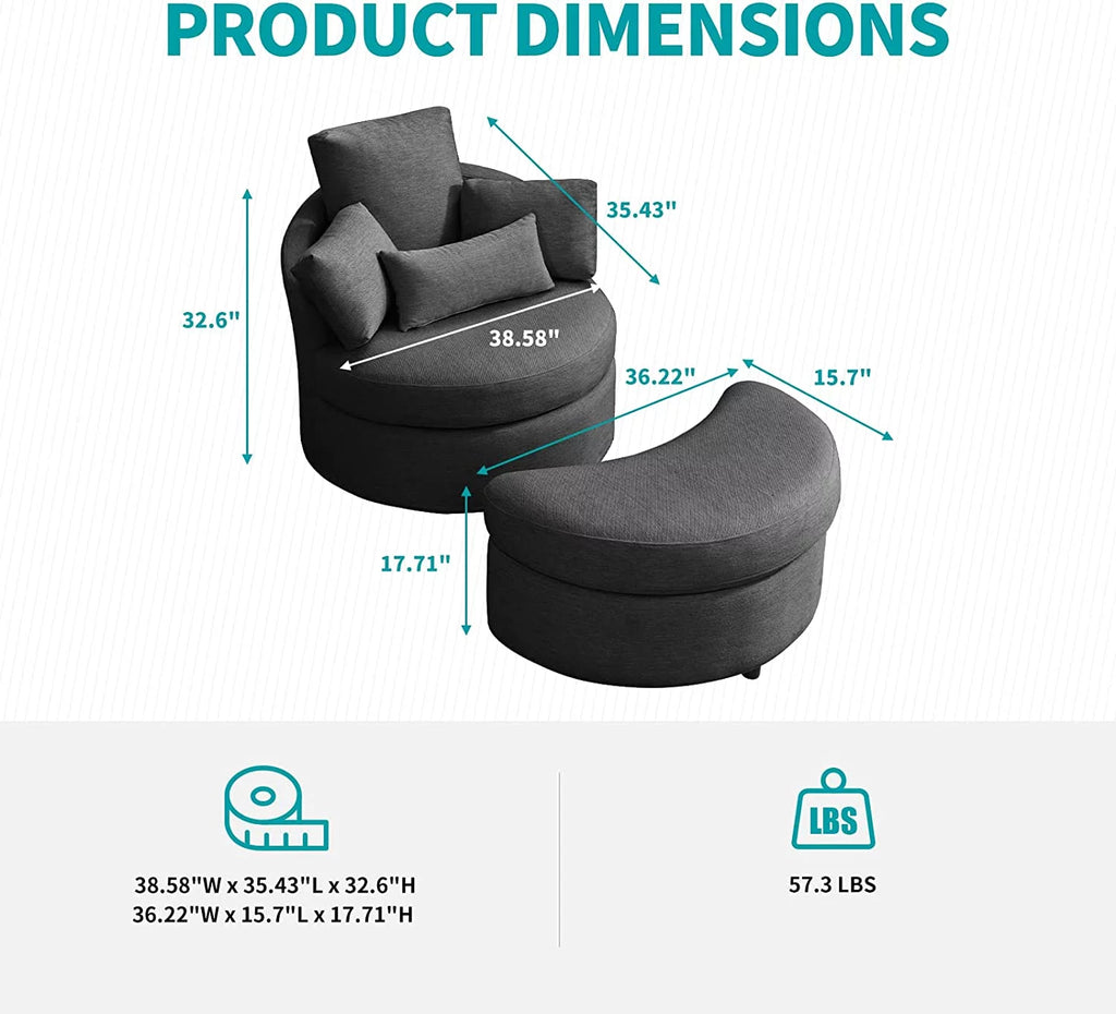 Dark Grey Linen Accent Barrel Sofa Chair with Storage Ottoman P5498