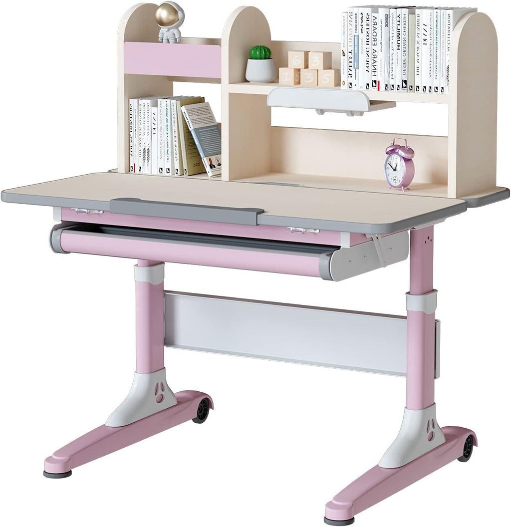 Pink Height Adjustable Ergonomic Kids Study Desk and Chair Set with Drawer and Bookshelf C222
