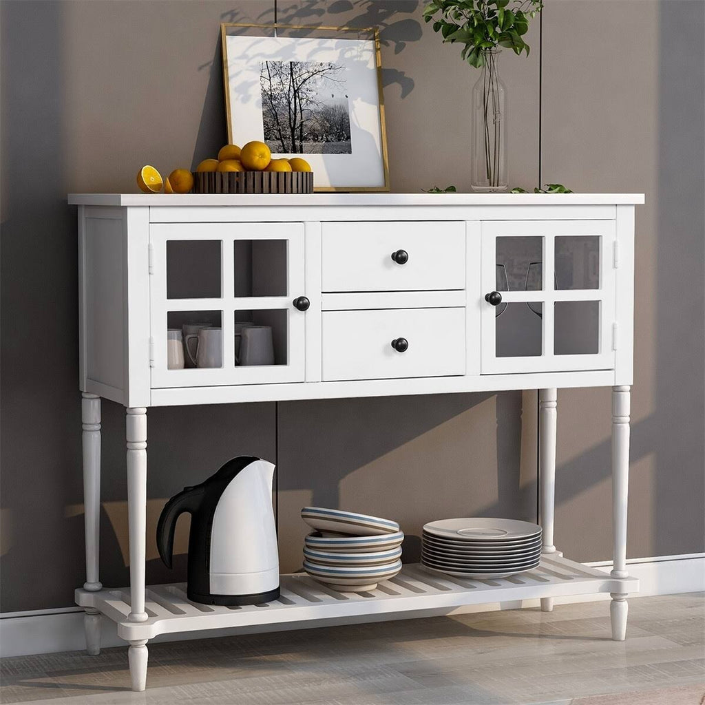 White Farmhouse Console Table with Glass Cabinet and Bottom Shelf X720