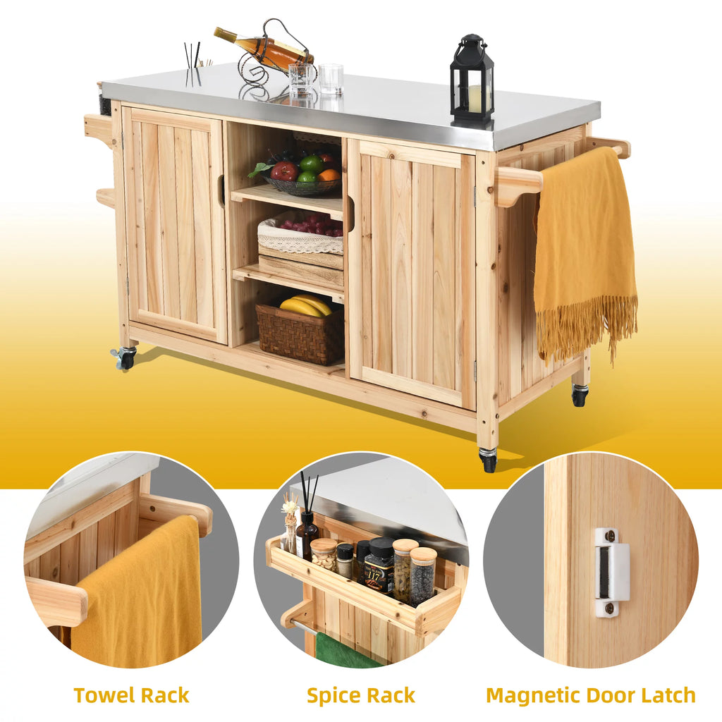 Solid Wood Outdoor Table and Storage Cabinet with Stainless Steel Top Y476237