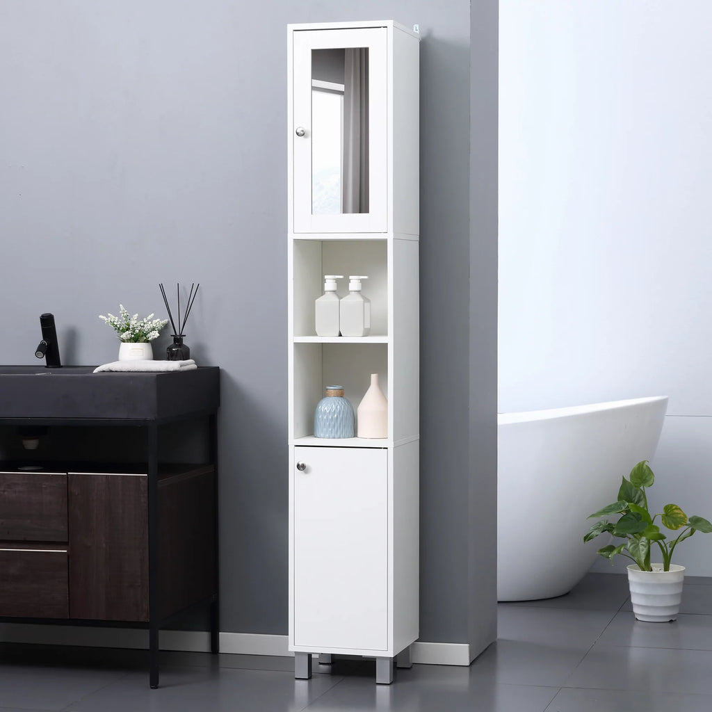 Tall White Wooden Bathroom Storage Cabinet with Mirror U6492