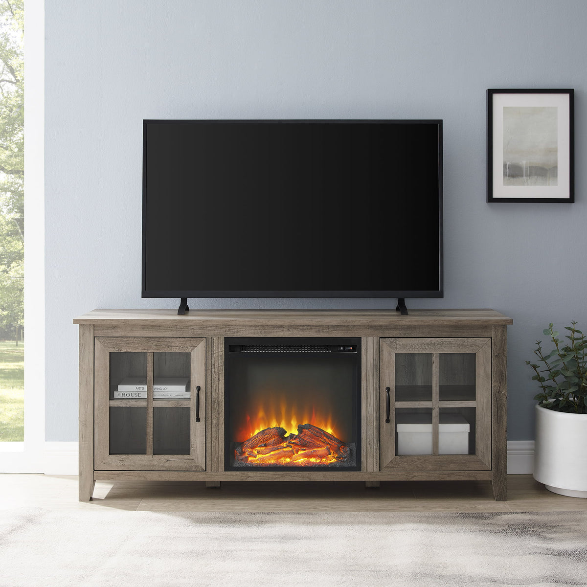 Grey Wash Glass-Door Fireplace TV Stand V82882