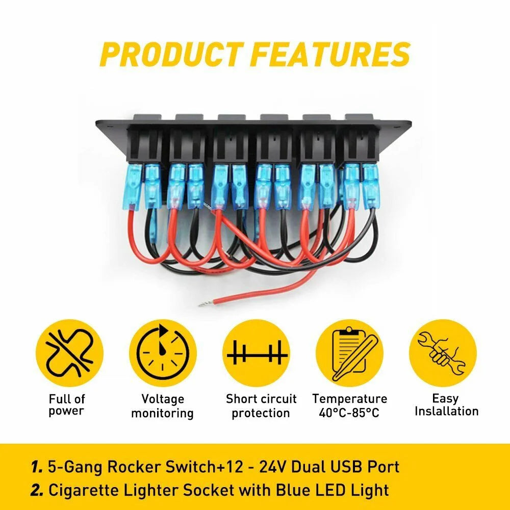 6 Gang Blue LED Rocker Switch Panel W2645