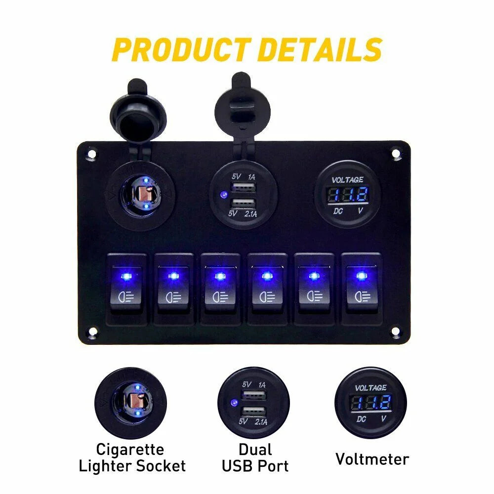 6 Gang Blue LED Rocker Switch Panel W2645