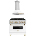 36 In. Dual Fuel Range and Range Hood with White Matte Door and Gold Accents T499